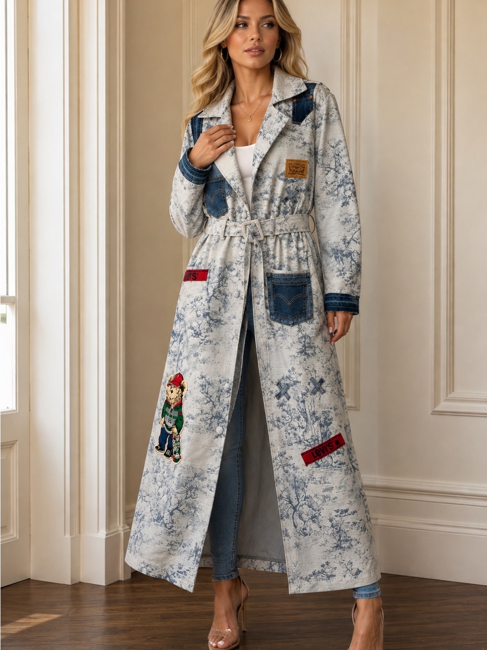 Upcycled Levi inspired Long blue Print Trench belted patchwork Coat size XL